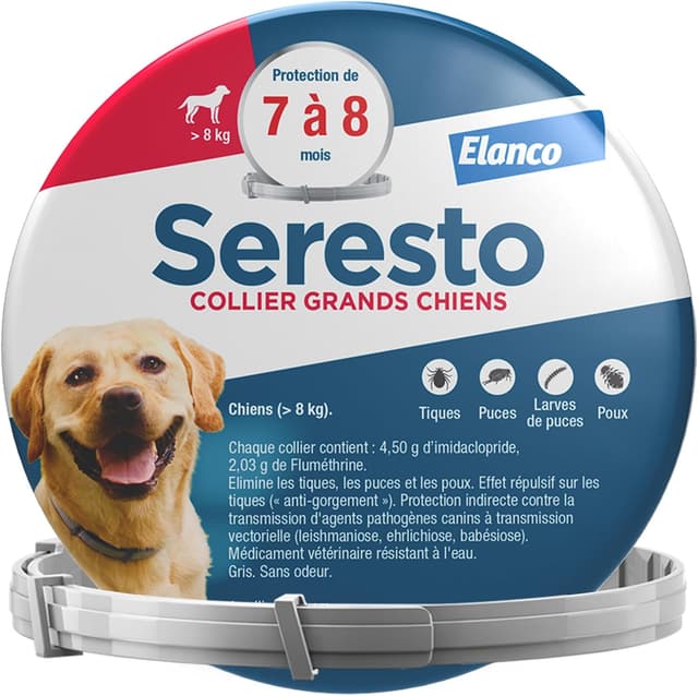 Seresto Collier Grands Chiens – Collier anti puces et anti tiques pour grands chiens de plus de 8 kg – Protection Seresto pour 7 à 8 mois de protection, réduit le risque de leishmaniose – Gris