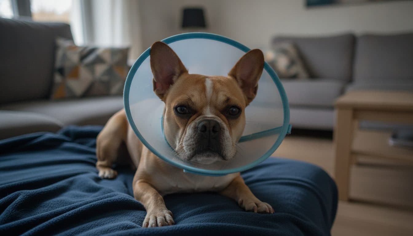 Chien portant une collerette vétérinaire après une opération