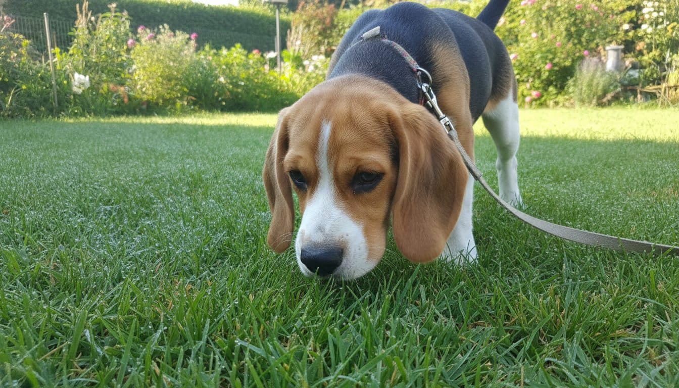 Chiot reniflant l'herbe du jardin au petit matin