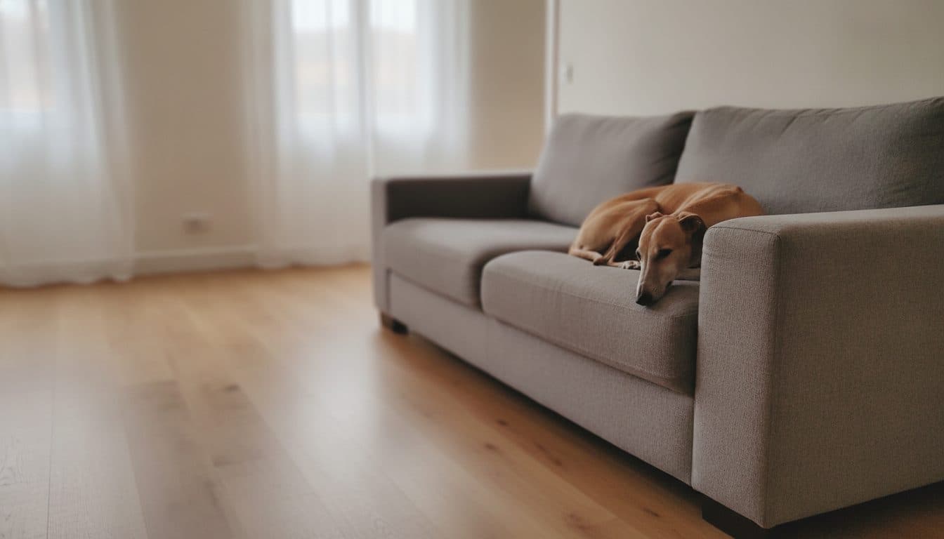 Chien couché seul sur un canapé dans un salon calme