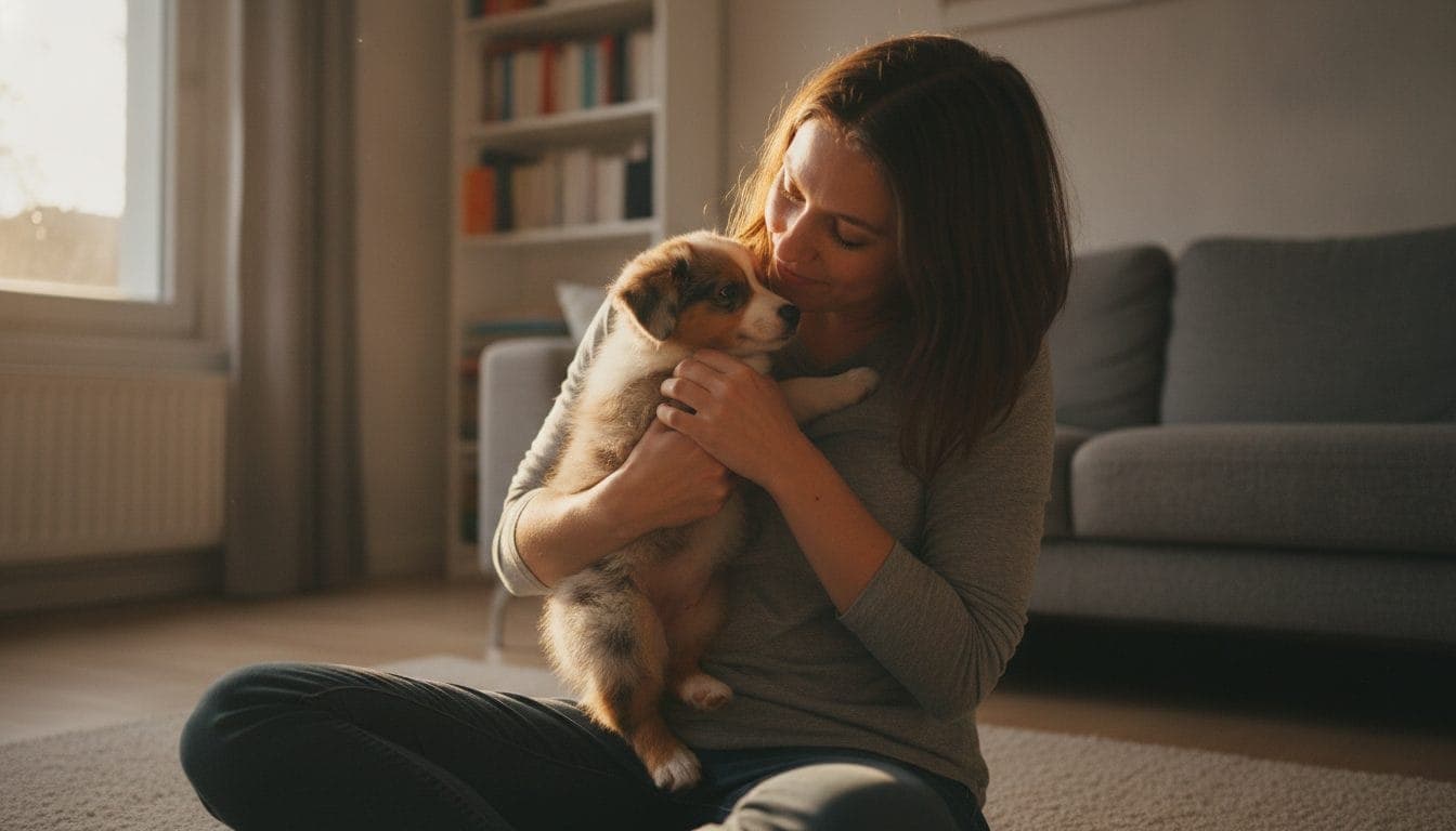Chiot de deux mois tenu dans les bras de sa maîtresse assise dans un salon, au moment où l'on cherche son prénom