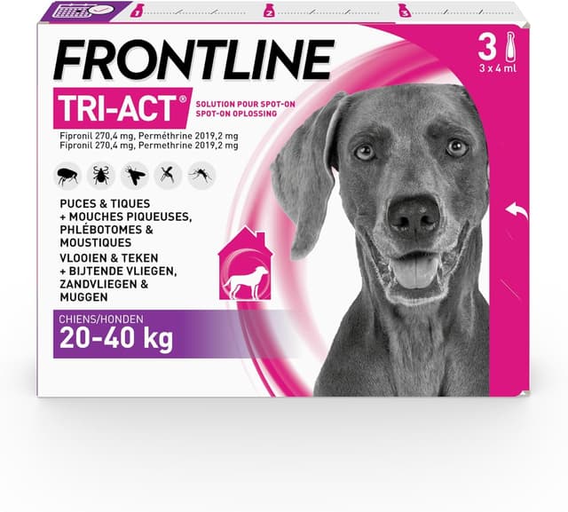 FRONTLINE Tri-Act Chien - Anti Puces, Tiques, Moustiques, Phlébotomes & Mouches - Traitement Radical En 6h - Pour Gros Chien De 20 à 40 kg - Fabriqué En France - 3 Pipettes Application Spot On