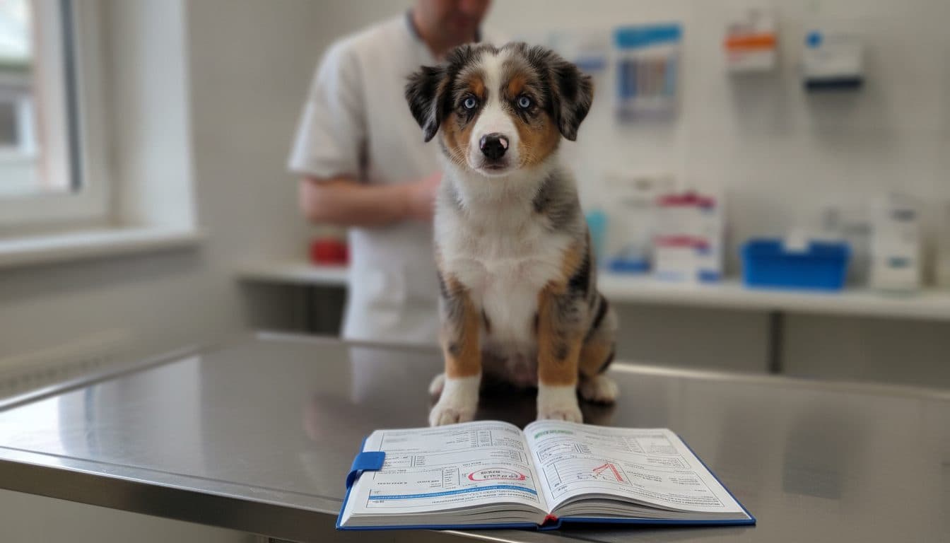 Chiot sur la table de consultation, carnet de santé ouvert