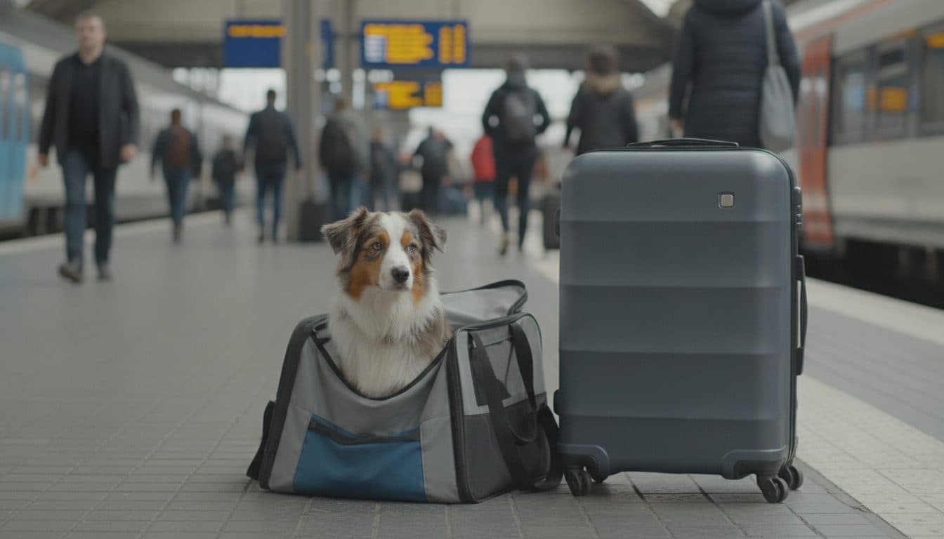Chien dans un sac de transport sur un quai de gare