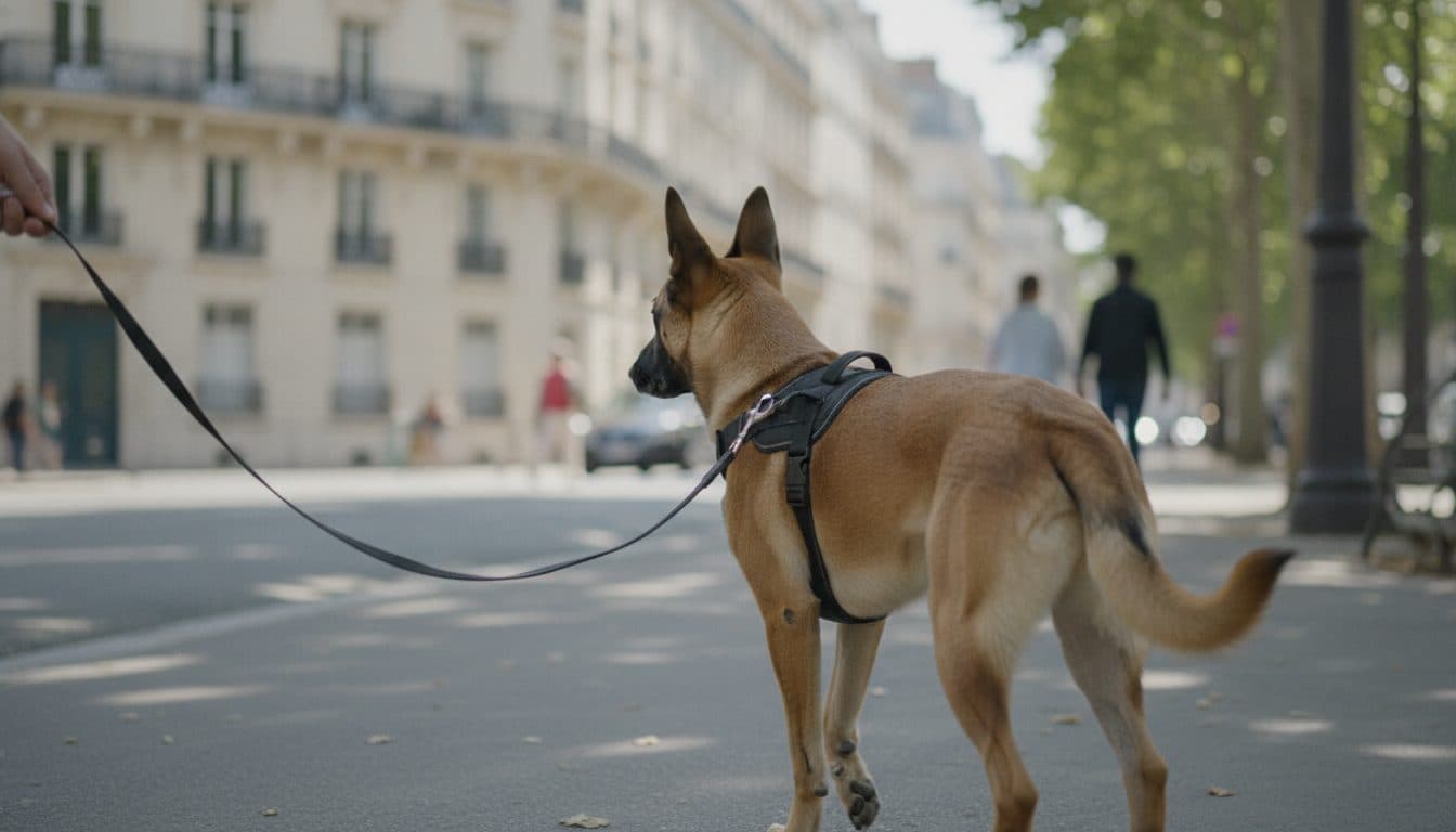 Chien marchant en laisse détendue sur un trottoir