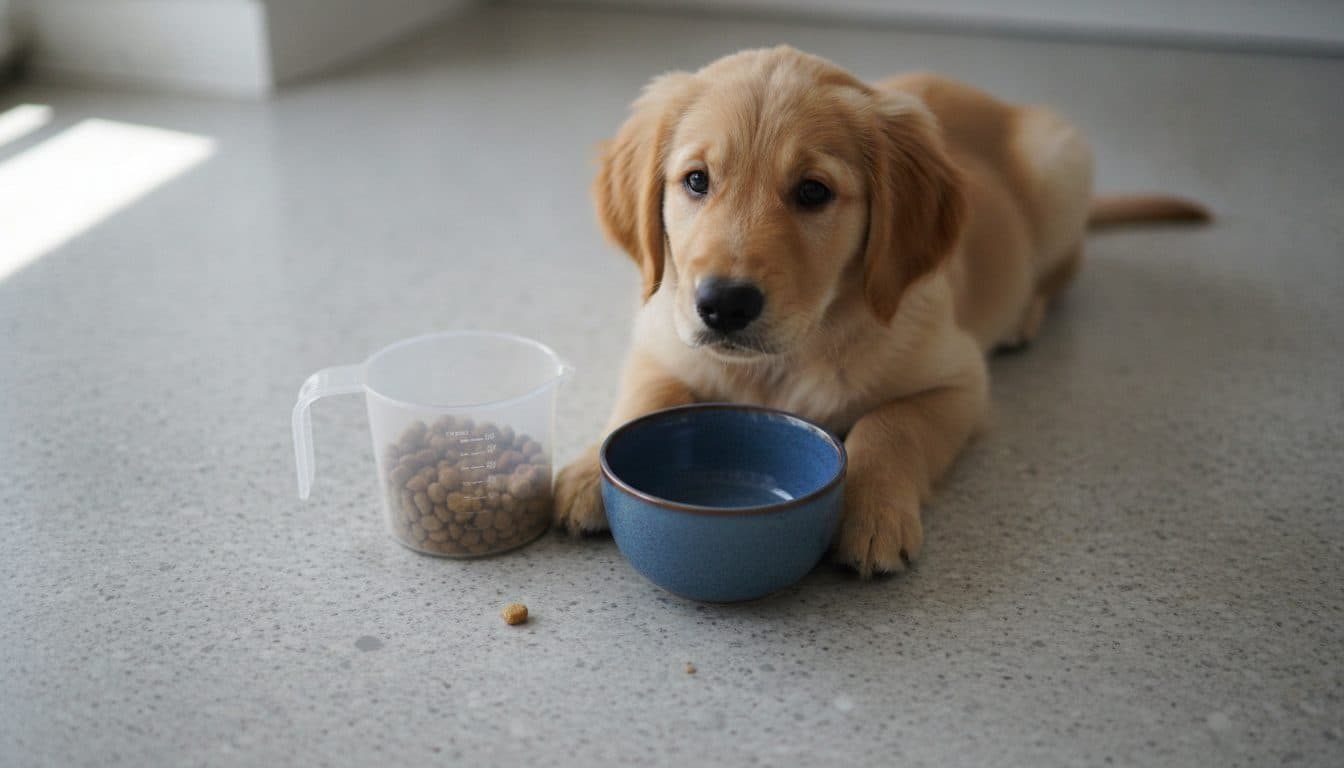 Chiot devant sa gamelle avec un verre doseur de croquettes