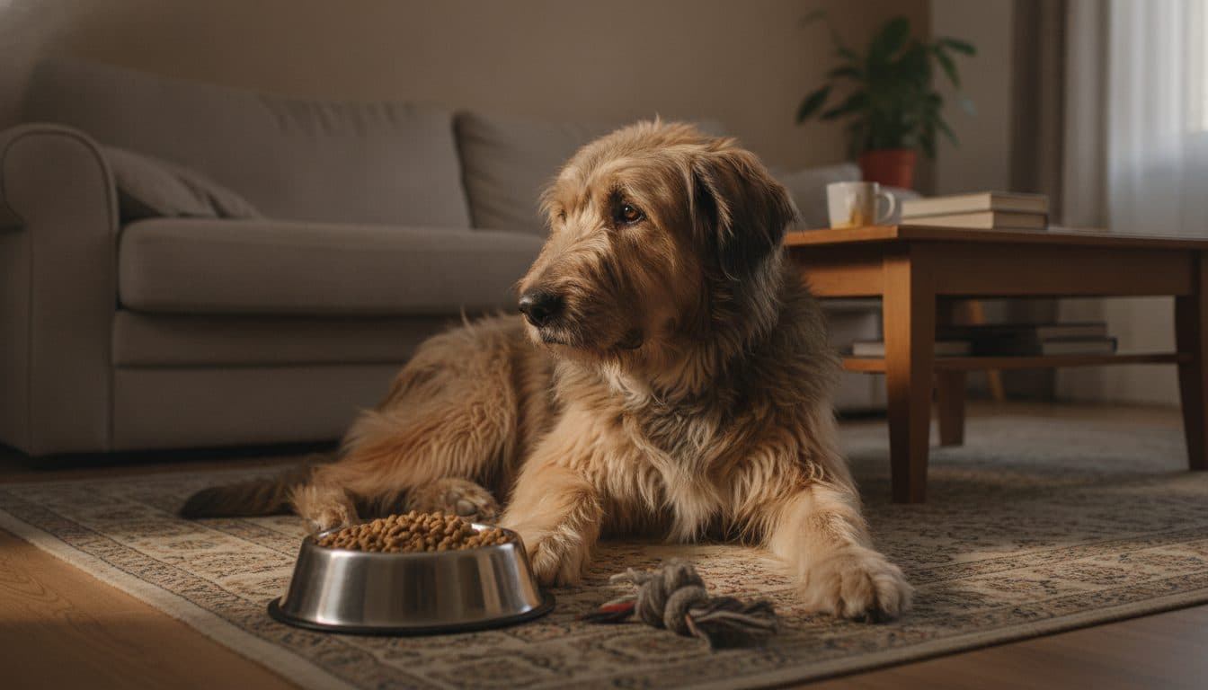 Chien boudant sa gamelle de croquettes dans un salon