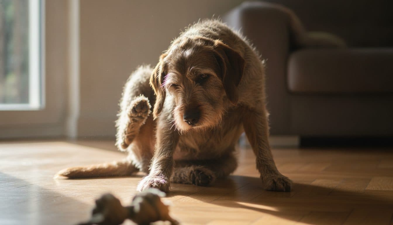 Chien se grattant le flanc dans un salon