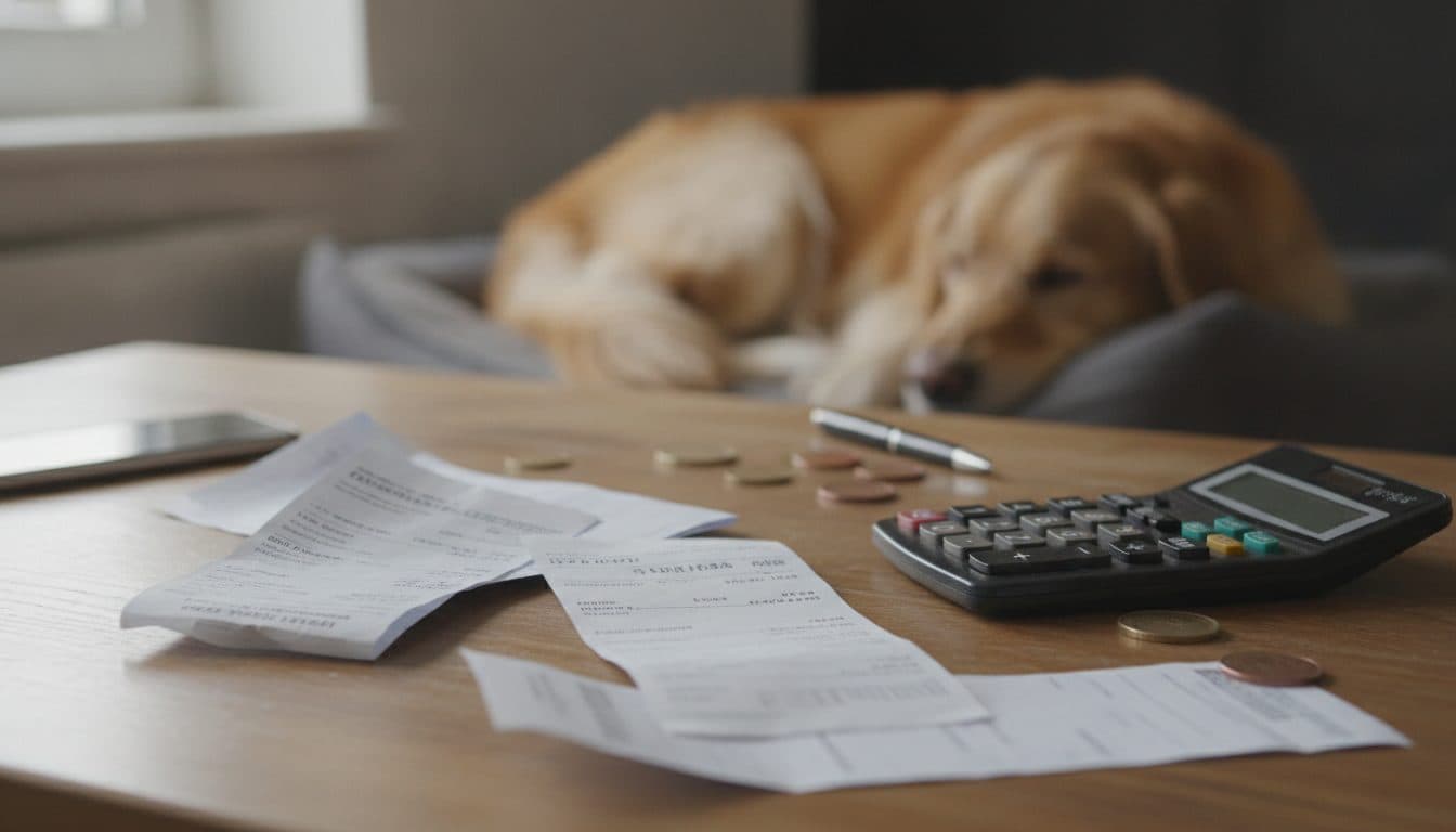 Factures vétérinaires et calculatrice, chien en arrière-plan