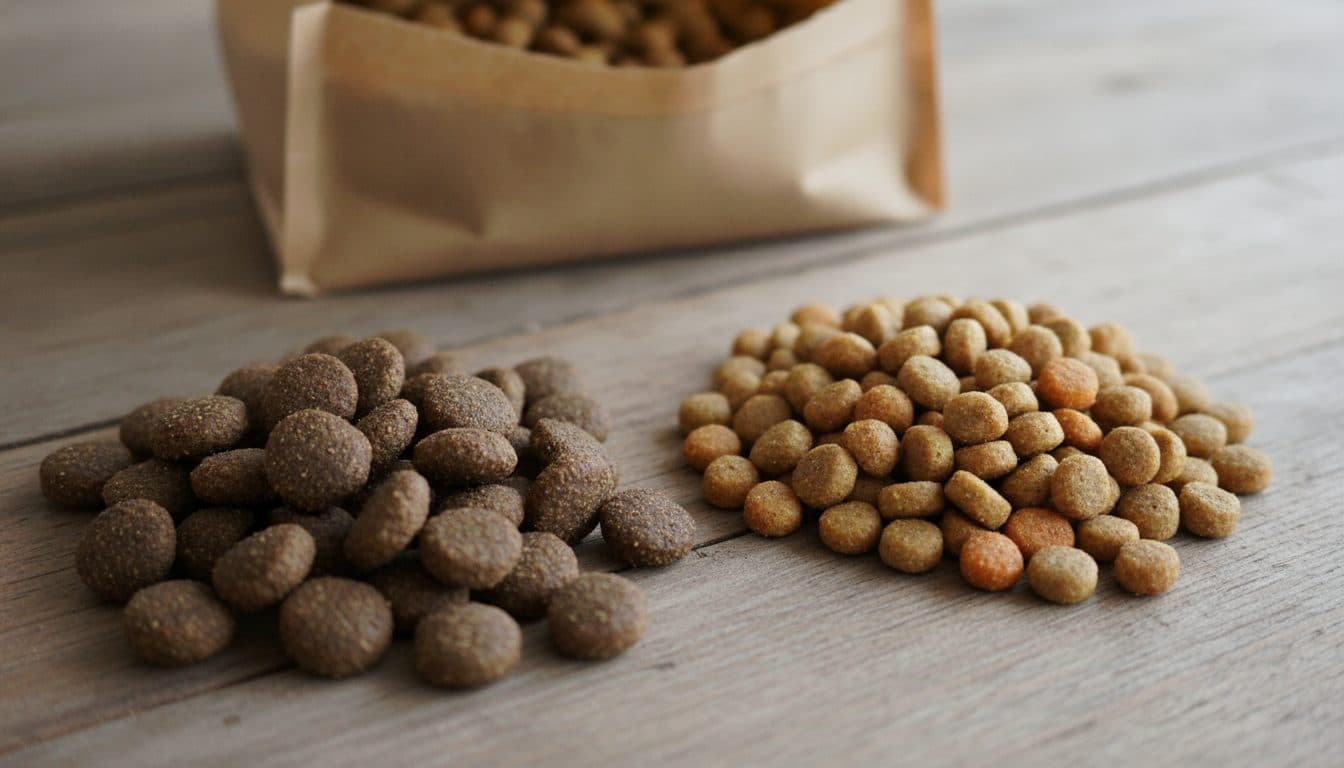 Comparaison de deux types de croquettes sur une table
