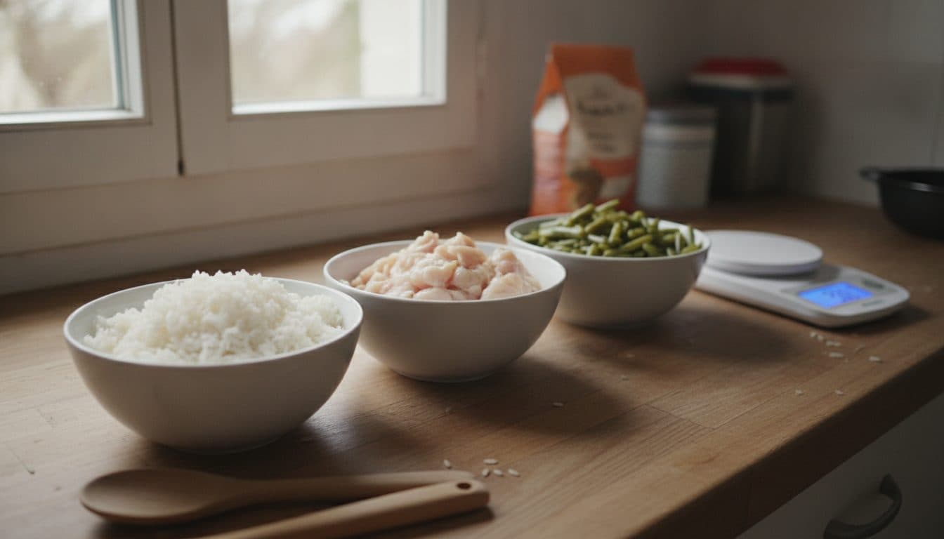 Ingrédients d'une ration ménagère pour chien pesés en cuisine