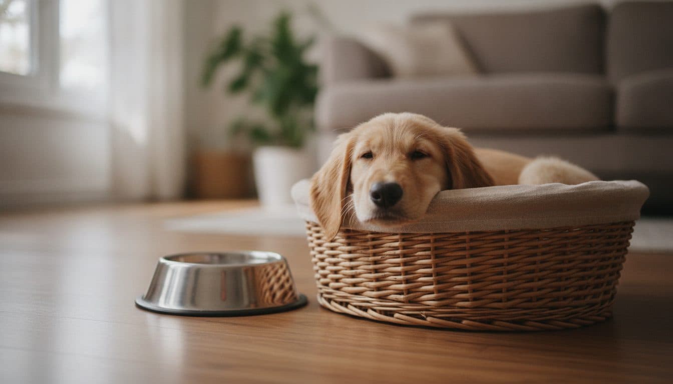 Chiot fatigué couché dans son panier près d'une gamelle d'eau