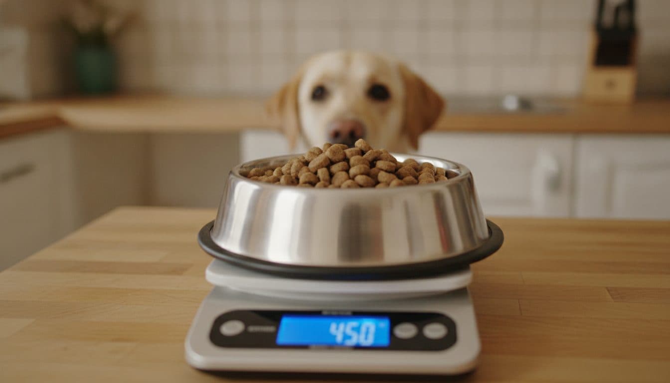 Croquettes pesées dans une gamelle sur une balance de cuisine, chien en arrière-plan