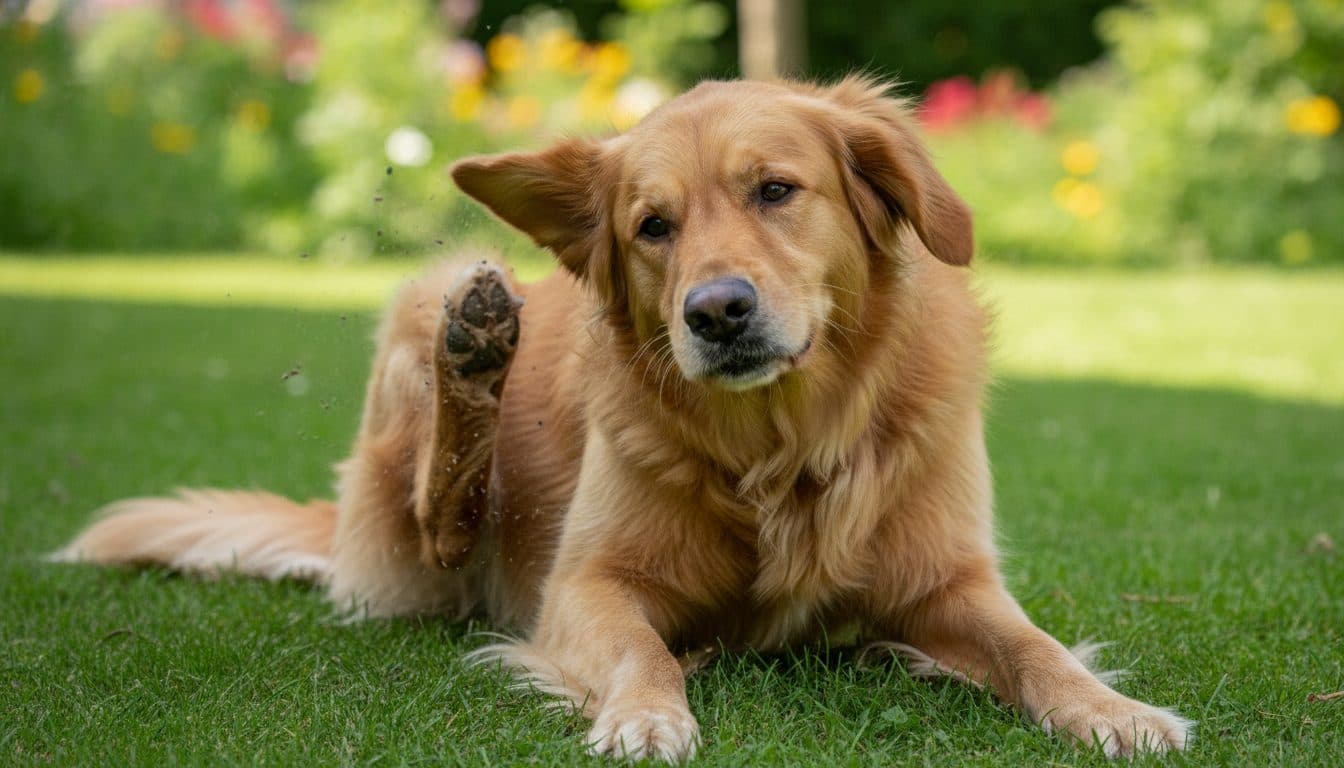Chien se grattant l'oreille dans un jardin
