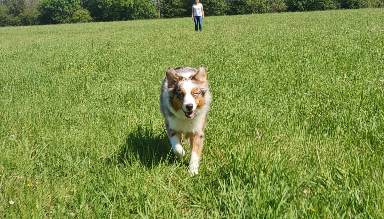 Chien courant vers son maître au rappel dans un pré