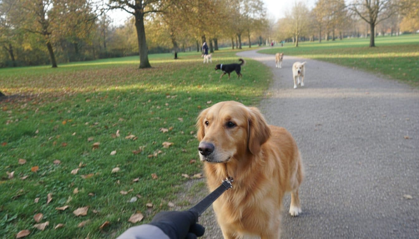 Chienne tenue en laisse courte lors d'une promenade au parc