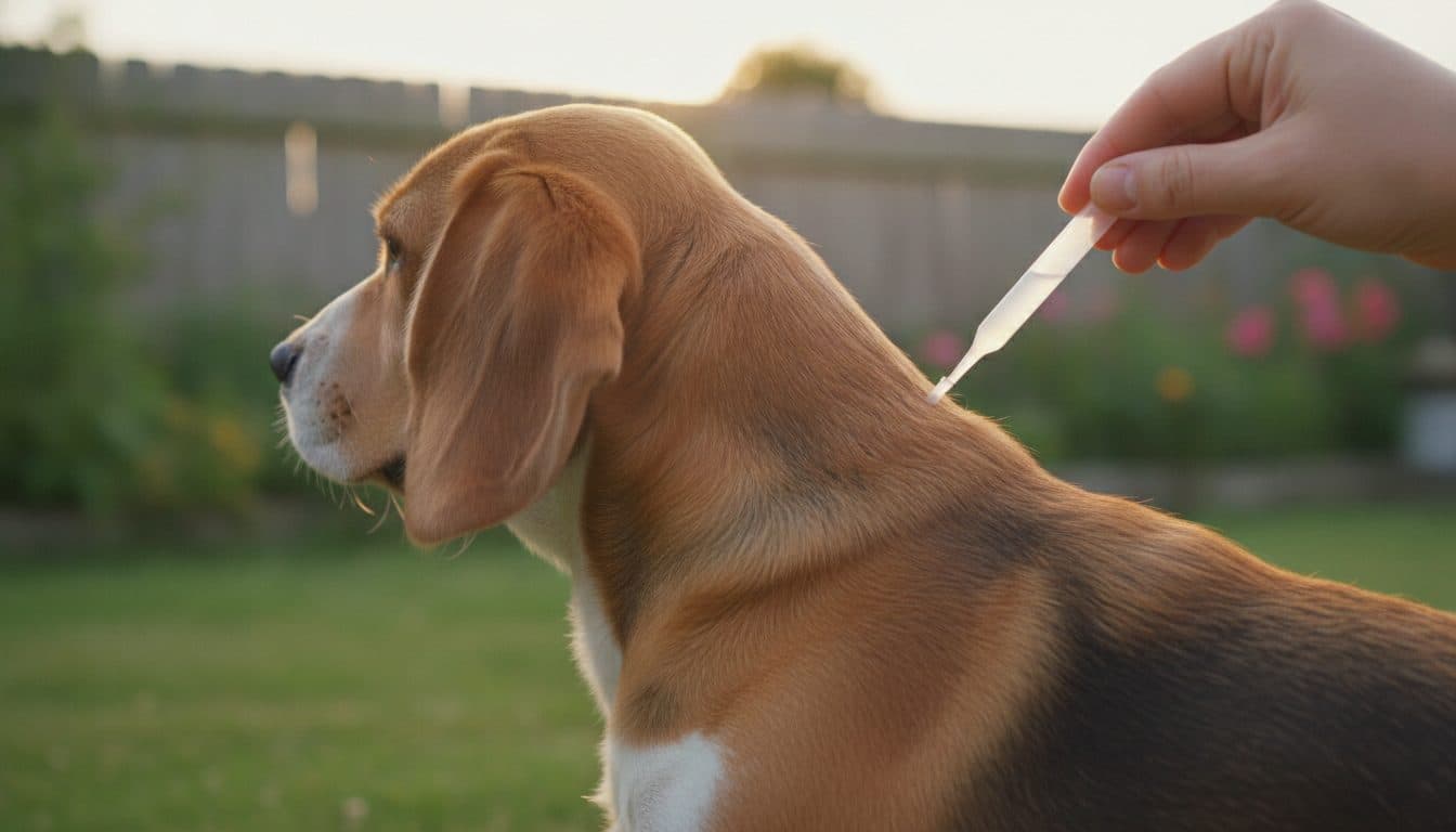 Application d'une pipette antiparasitaire sur la nuque d'un chien