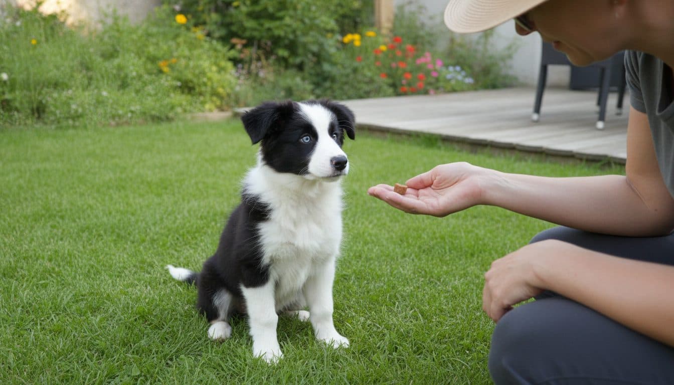 Chiot attentif pendant une séance d'éducation au jardin