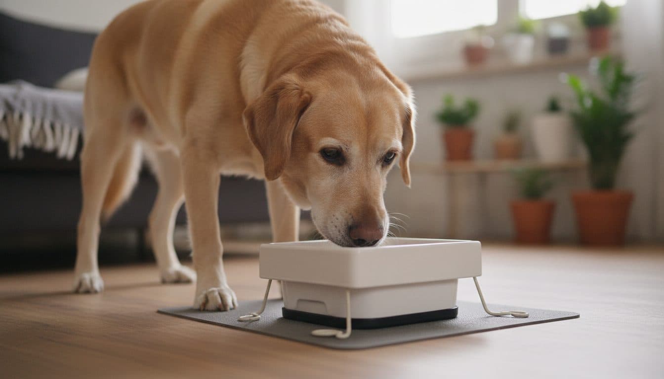 Chien senior au museau gris mangeant dans une gamelle surélevée