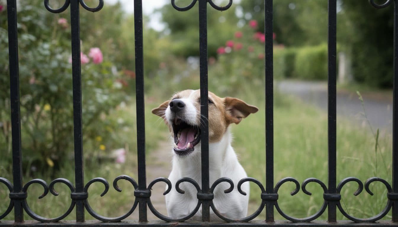 Petit chien aboyant derrière un portail de jardin