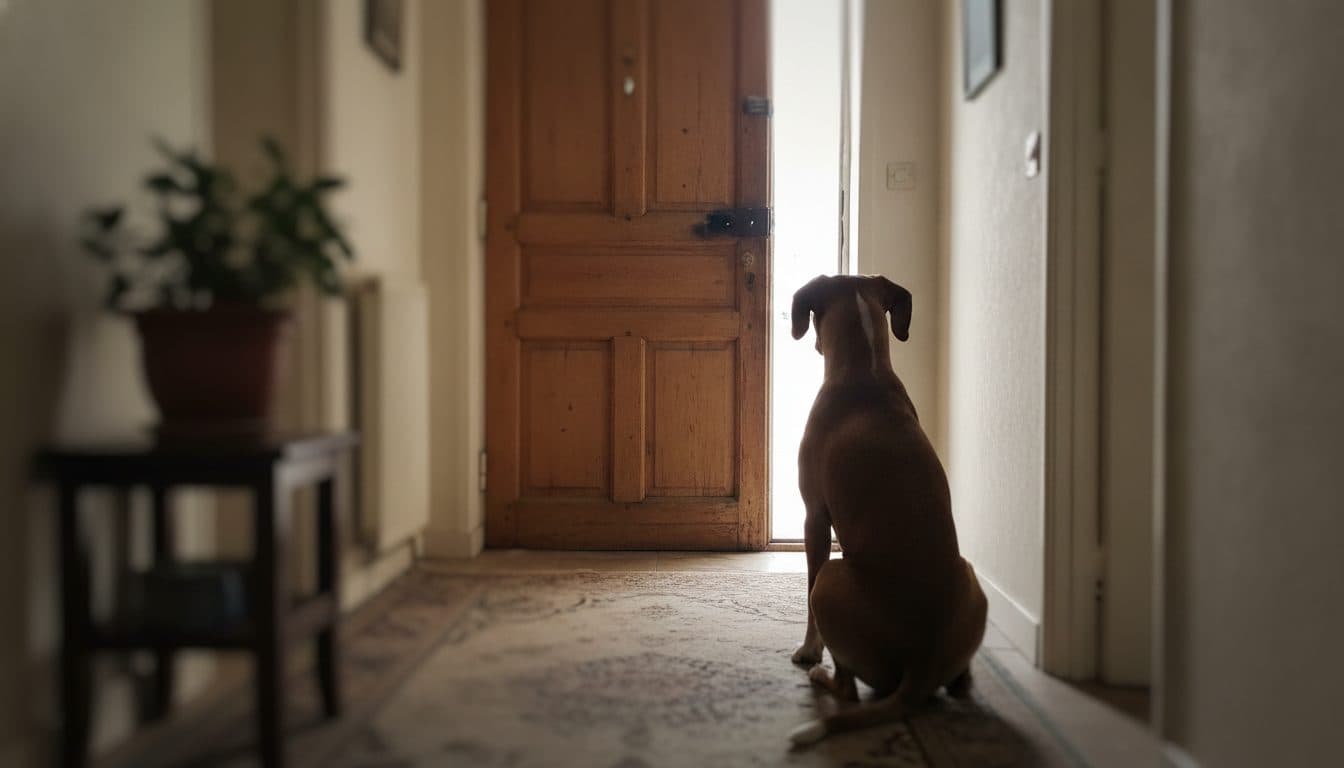 Chien assis devant la porte d'entrée fermée, vu de dos