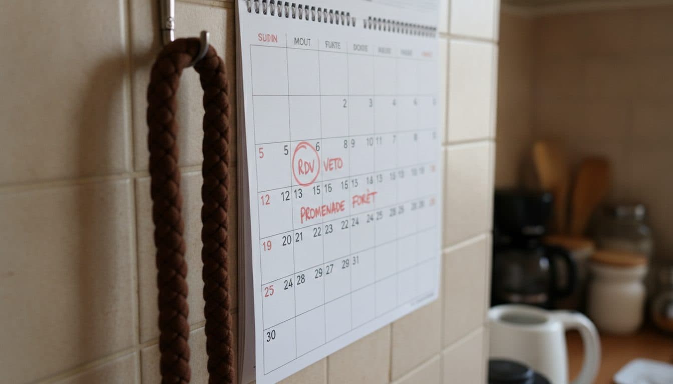 Calendrier mural avec échéances entourées et laisse de chien