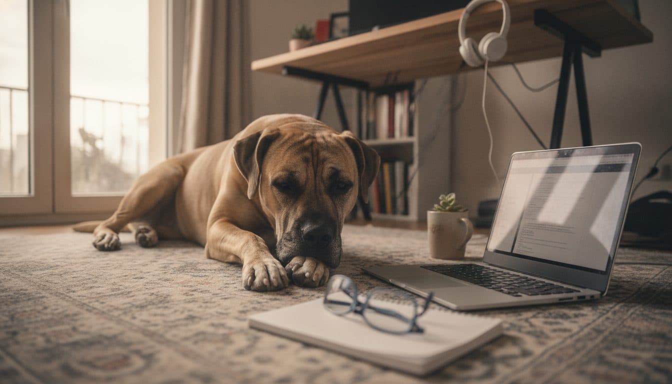 Chien couché près d'un bureau pendant le télétravail